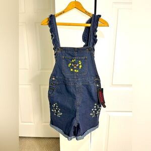 Romwe Fairycore women's bee & plant embroidery denim short overall w/ Ruffle M
